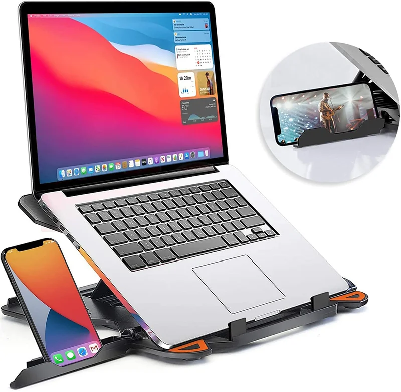 STRIFF 2-in-1 Laptop and Mobile Stand, Ergonomic, Adjustable Height, Anti-Slip Base, Heat Dissipation, Portable, Lightweight, Compatible with All Laptops Up to 15.6" (Abs, Black) - Best price drop in India