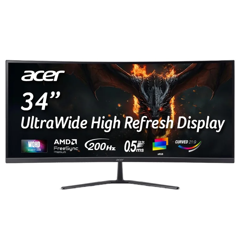 Acer Nitro ED340CUR X0 34 Inch UWQHD Curved Gaming Monitor | 3440x1440 VA Panel | 200Hz (DP) | 1ms VRB | AMD FreeSync Premium | HDR10 | 1500R | 2x HDMI 2.1 + DP 1.4 | Easy Tilt | Speakers | VisionCare - Historical Price Reference India