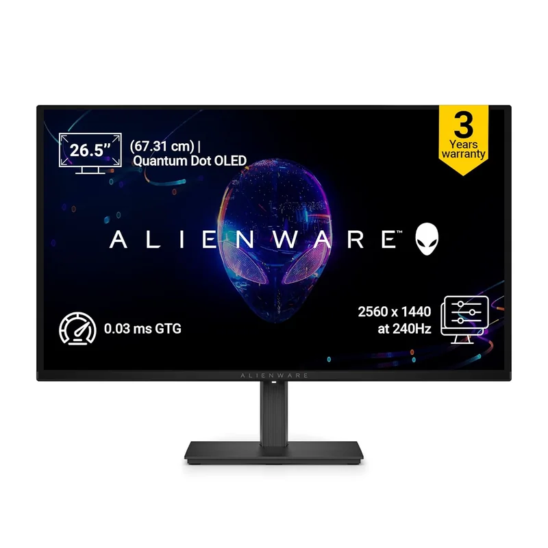 Alienware AW2726DM (Smartchoice) 26.5" QD OLED Monitor|99% DCI-P3,0.03ms GTG,240Hz|AMD FreeSync Premium|HDMI*2,DP 1.4|Infinite Contrast, 200cd/m2(typical), 400cd/m2 (HDR peak, APL 10%) Brightness|Ergo - Historical Price Reference India